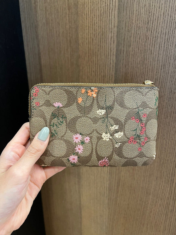 Coach Women s Corner Zip Wristlet In Signature Canvas With Wildflower Print Gold Khaki Multi C8732 For Cheap