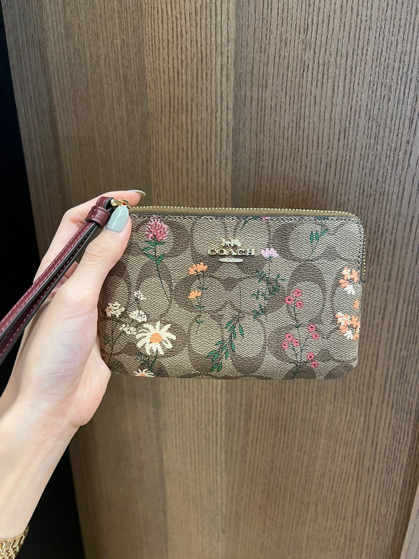 Coach Women s Corner Zip Wristlet In Signature Canvas With Wildflower Print Gold Khaki Multi C8732 For Cheap