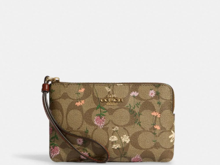 Coach Women s Corner Zip Wristlet In Signature Canvas With Wildflower Print Gold Khaki Multi C8732 For Cheap